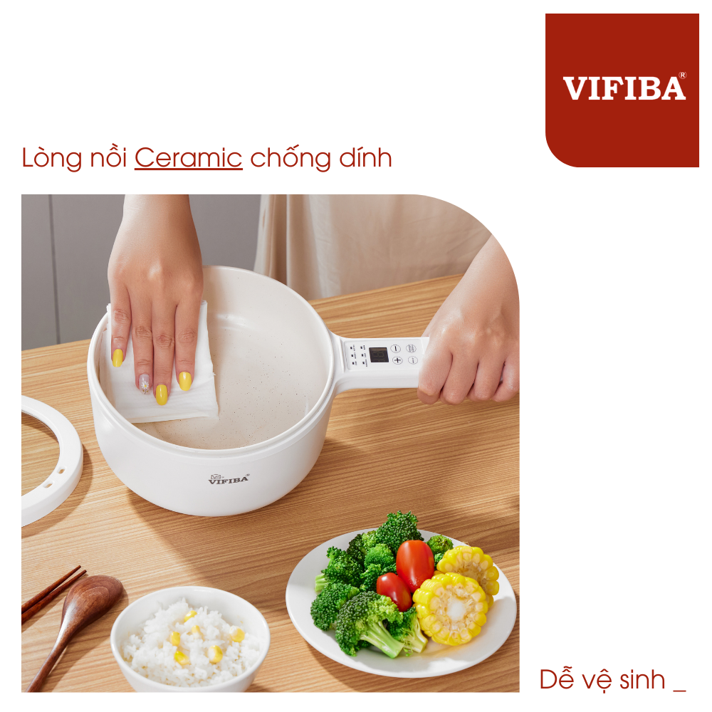 Nồi hấp điện 2 tầng đa năng 6in1 Hàng Chính Hãng VIFIBA 5 cấp độ, chống dính tay cầm dài - Nấu, Chiên, Xào, Hấp, Lẩu , Cháo