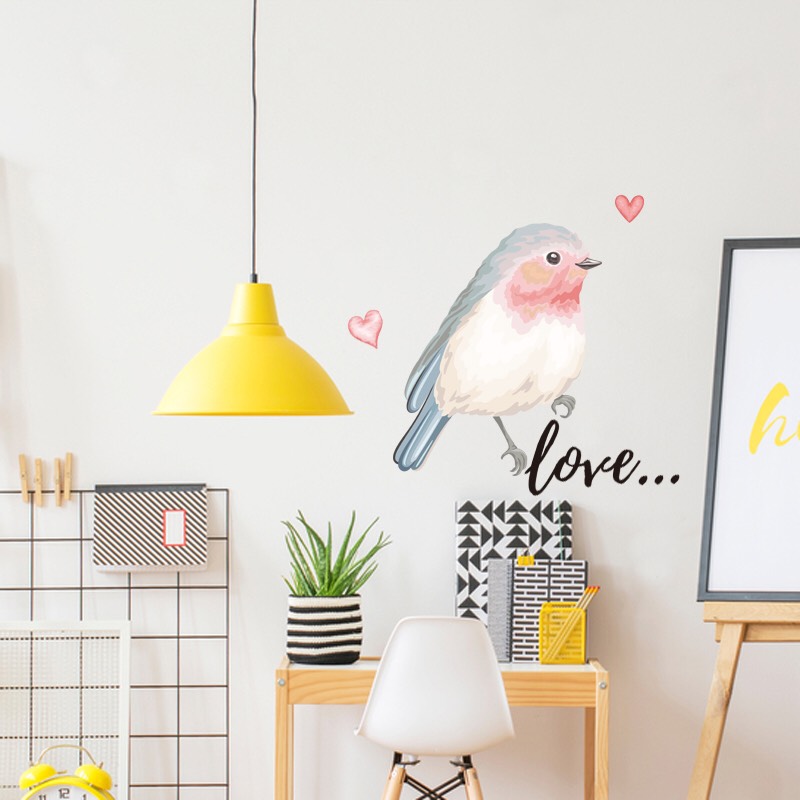 Decal trang trí tường - Chú chim hồng nhạt và chữ Love