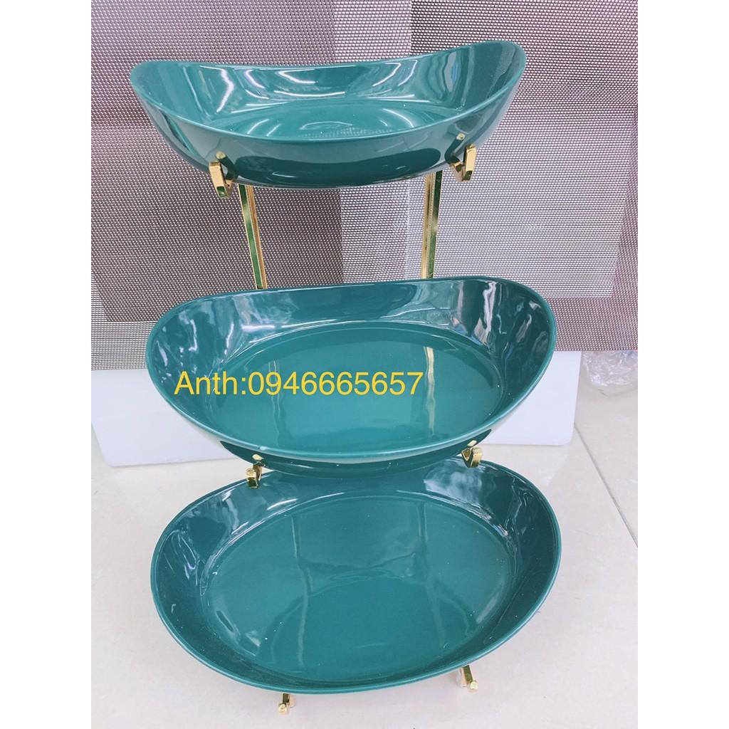 KHAY ĐỰNG BÁNH KẸO HOA QUẢ SỨ MÀU XANH CỔ VỊT HÌNH BẦU DỤC GIÁ ĐỠ BẰNG GỖ 3 TẦNG