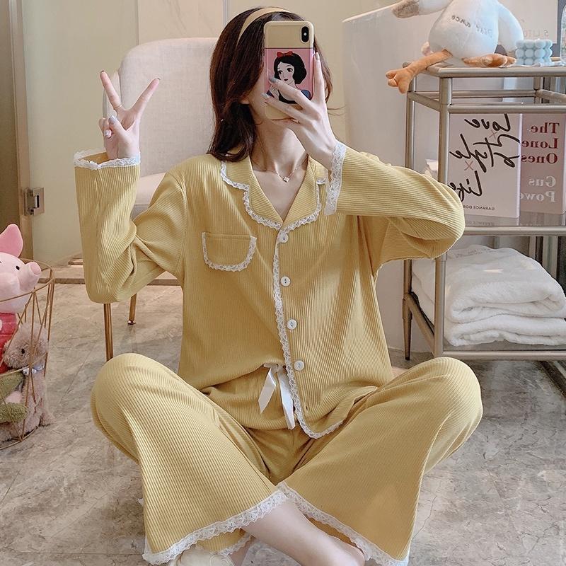 Bộ Đồ Pijama Nữ Dài Tay Trơn Màu Vàng Tôn Da Phối Túi Giả Dễ Thương Thời Trang STYLE MARVEN - WM SET 011