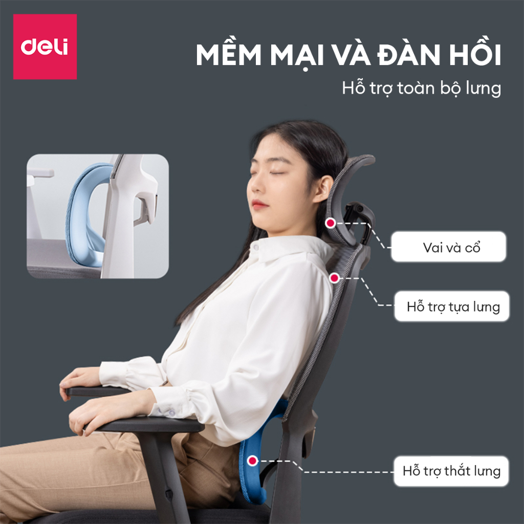 Ghế Xoay Văn Phòng Công Thái Học Cao Cấp Có Ngả Lưng Tựa Cổ 2D Gối Tựa Lưng Dưới Deli - Hỗ Trợ Đốt Sống Cổ Tối Ưu Tư Thế Ngồi - Ghế Giám Đốc Bảo Hành 3 Năm