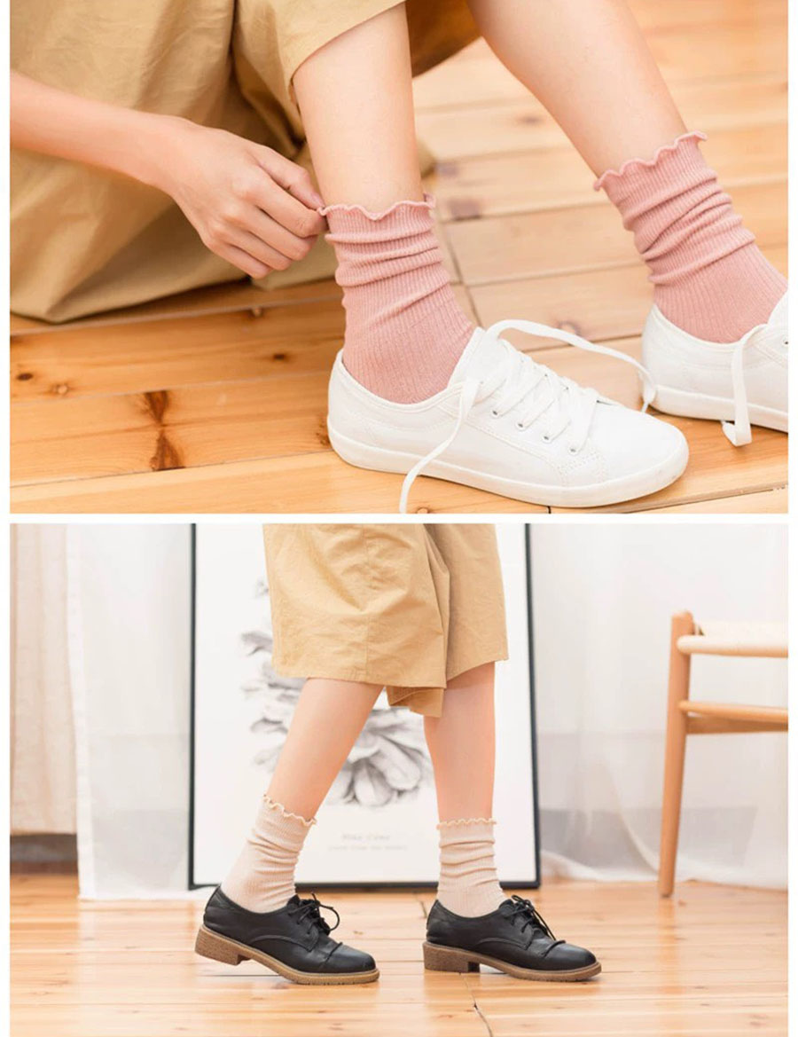 Set 5 Đôi Tất Nữ Cao Cổ Bèo Gân Tăm Phong Cách Thời Trang Trẻ Trung TN19