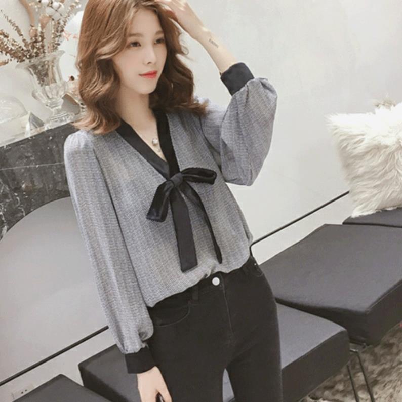 Áo sơ mi nữ thắt nơ tay dài form rộng kiểu Hàn Quốc