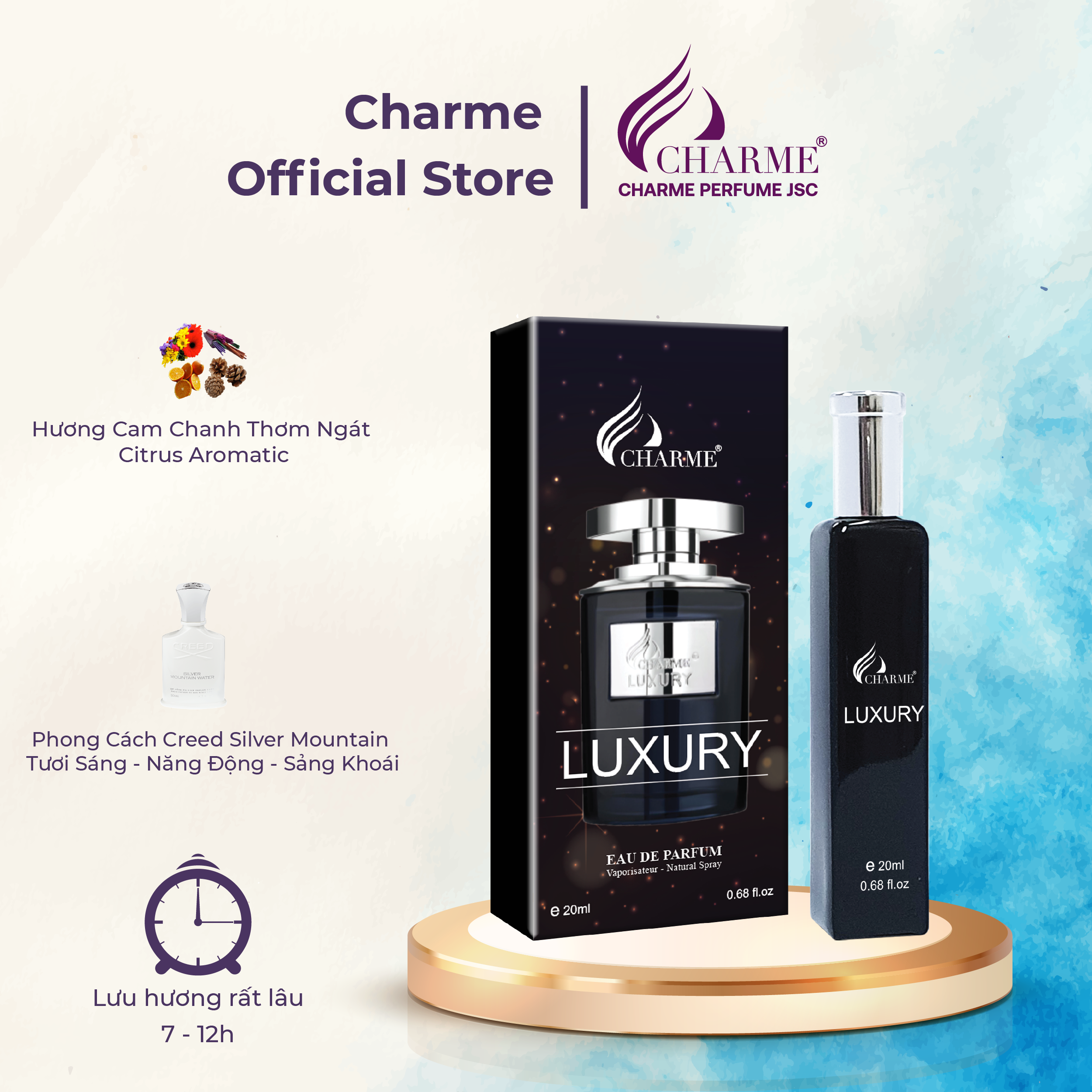 Nước hoa nam cao cấp, Charme Luxury, lưu hương lâu, hương mát lạnh pha chút nồng ấm, 20ml