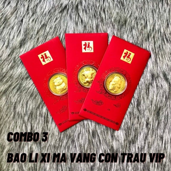 Combo 3 bao lì xì con Trâu Vip, có 4 mẫu (giao mẫu ngẫu nhiên), dùng treo trong nhà, cây hoa mai, làm quà biếu, tặng Tết, đựng tiền lì xì, mừng tuổi, sang trọng, mang lại may mắn - TMT Collection - SP005147