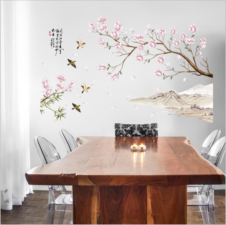 Decal dán tường tranh thủy mặc Cành đào may mắn (75 x 115cm)