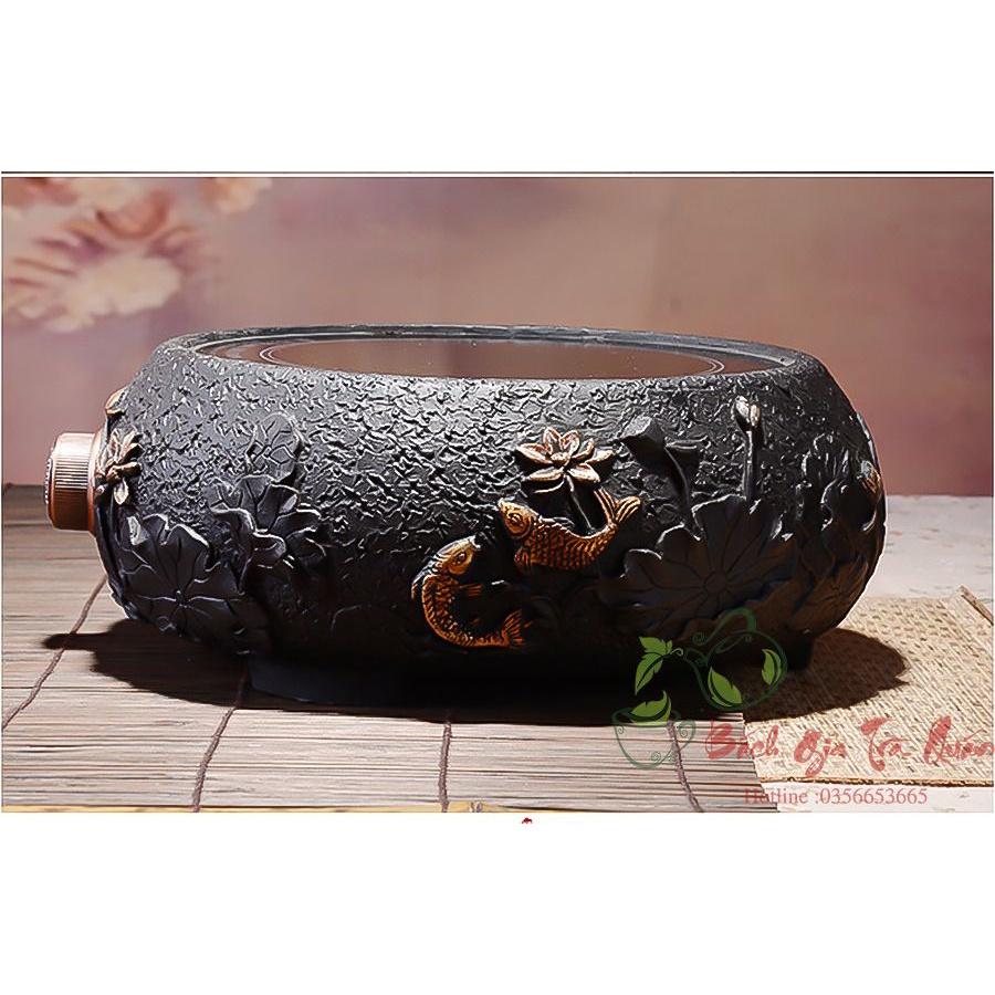 Bếp Điện Hồng Ngoại Đun Ấm Tetsubin - Vỏ Đúc Gang Thủ Công -Họa Tiết Tam Ngư Chầu Nguyệt - Công Suất 1500w