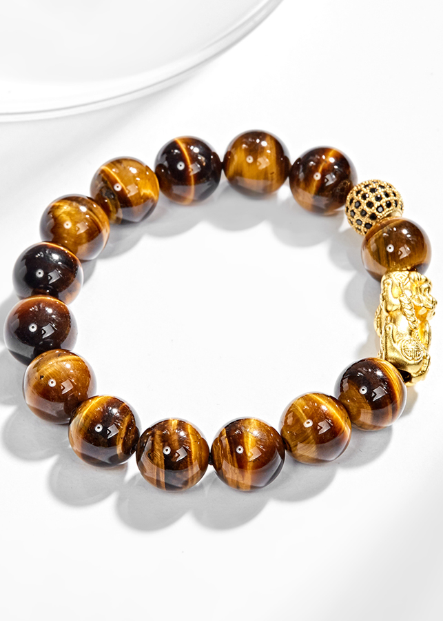 Vòng Tay Nam Đá Mắt Hổ Vàng Nâu Phối Tỳ Hưu Bạc Mạ Vàng 24K Ngọc Quý Gemstones