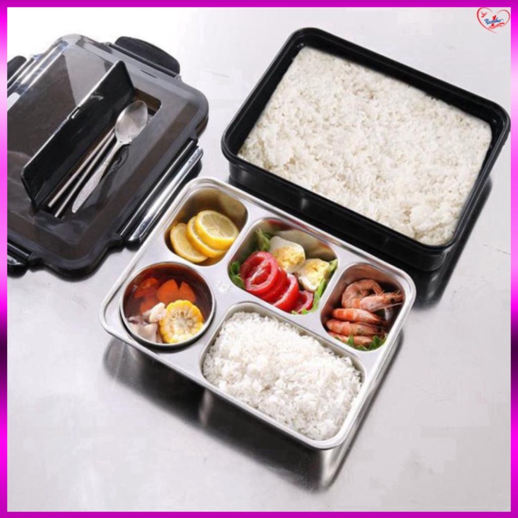 Hộp cơm văn phòng khay Inox 5 ngăn, có giá để điện thoại