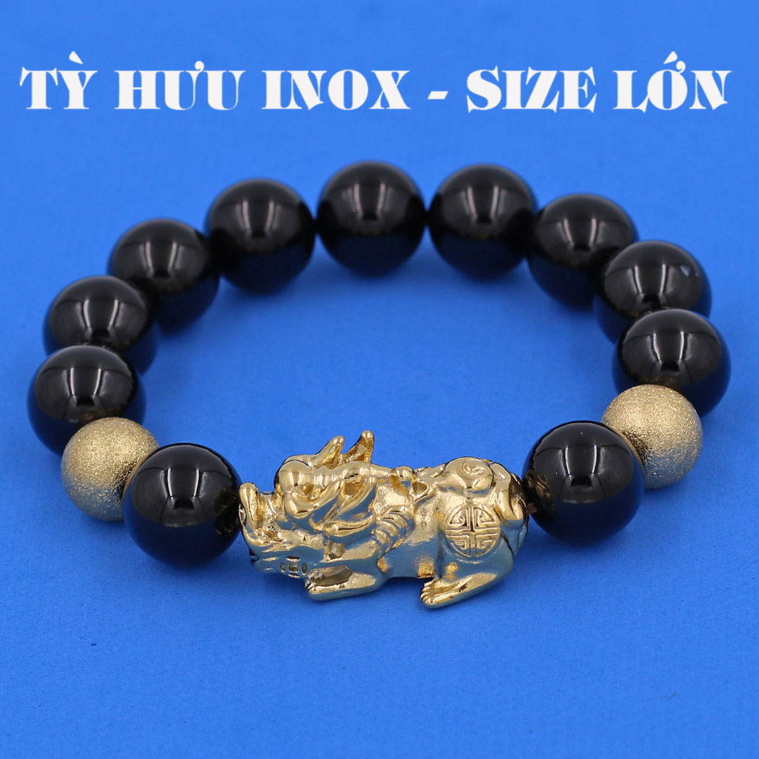 Hình ảnh Vòng chuỗi đeo tay đá thạch anh đen 14 ly ( size lớn ) charm tỳ hưu và bi inox vàng, vòng tay chuỗi hạt