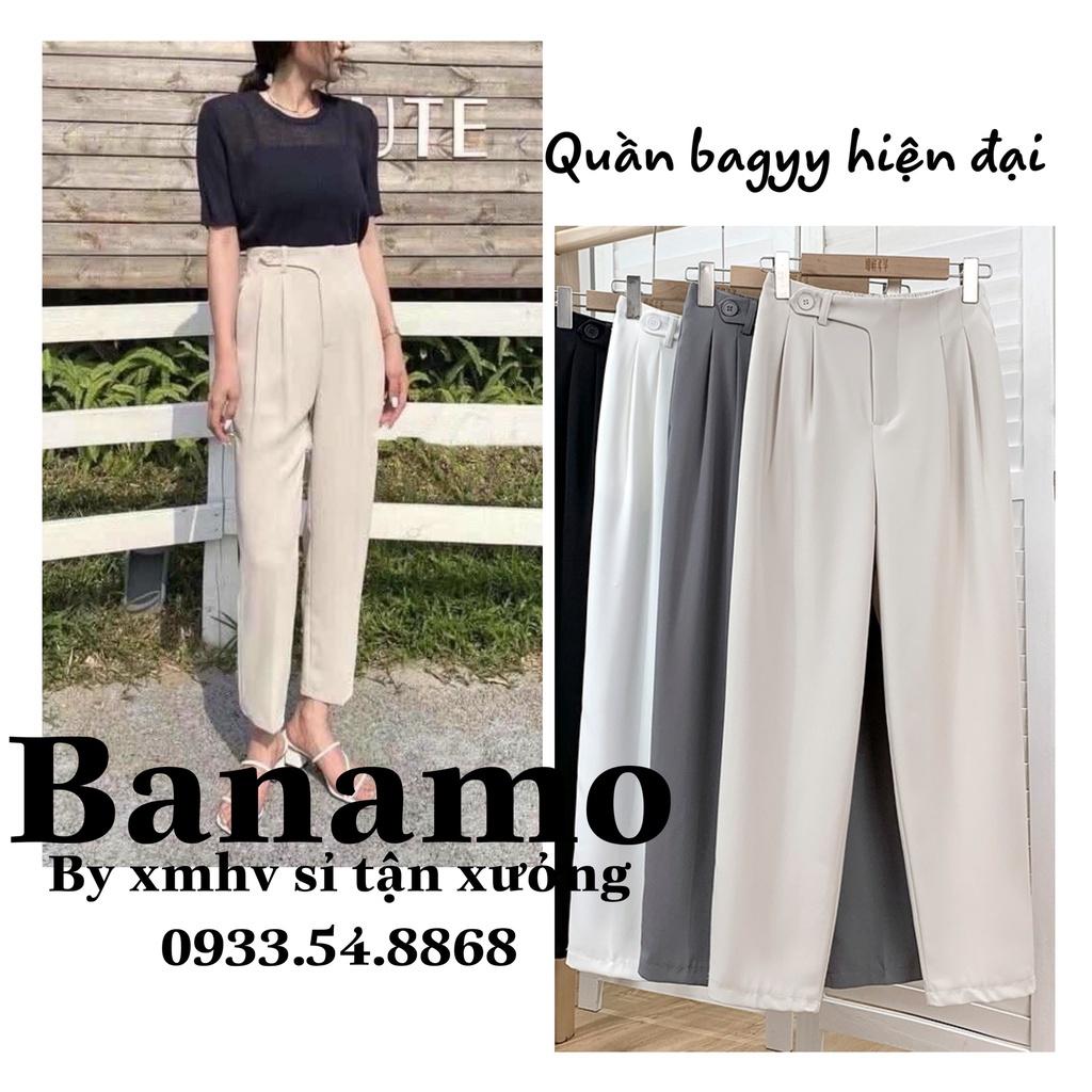 Quần baggy đi học đi làm đi chơi 1 khuy lệch chun sau 4 màu hottrend đen trắng xanh kem thời trang Banamo Fashion 8334