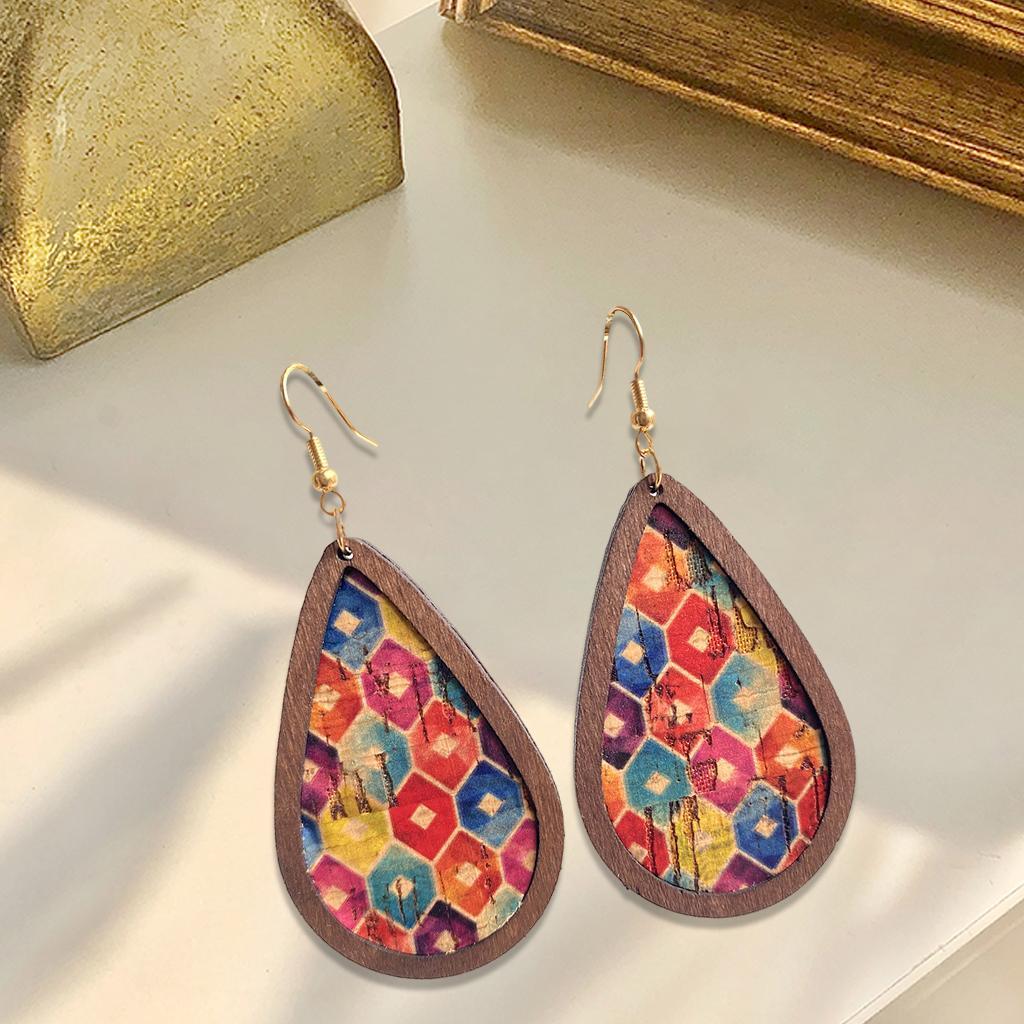 2-3pack Drop Shape Earrings Retro Wood Grain Leather for Teens Square Rainbow