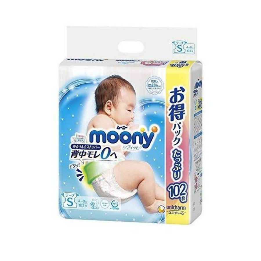 Bỉm - Tã dán Moony Blue Jumbo size S 102 miếng (Cho bé 4~8kg)