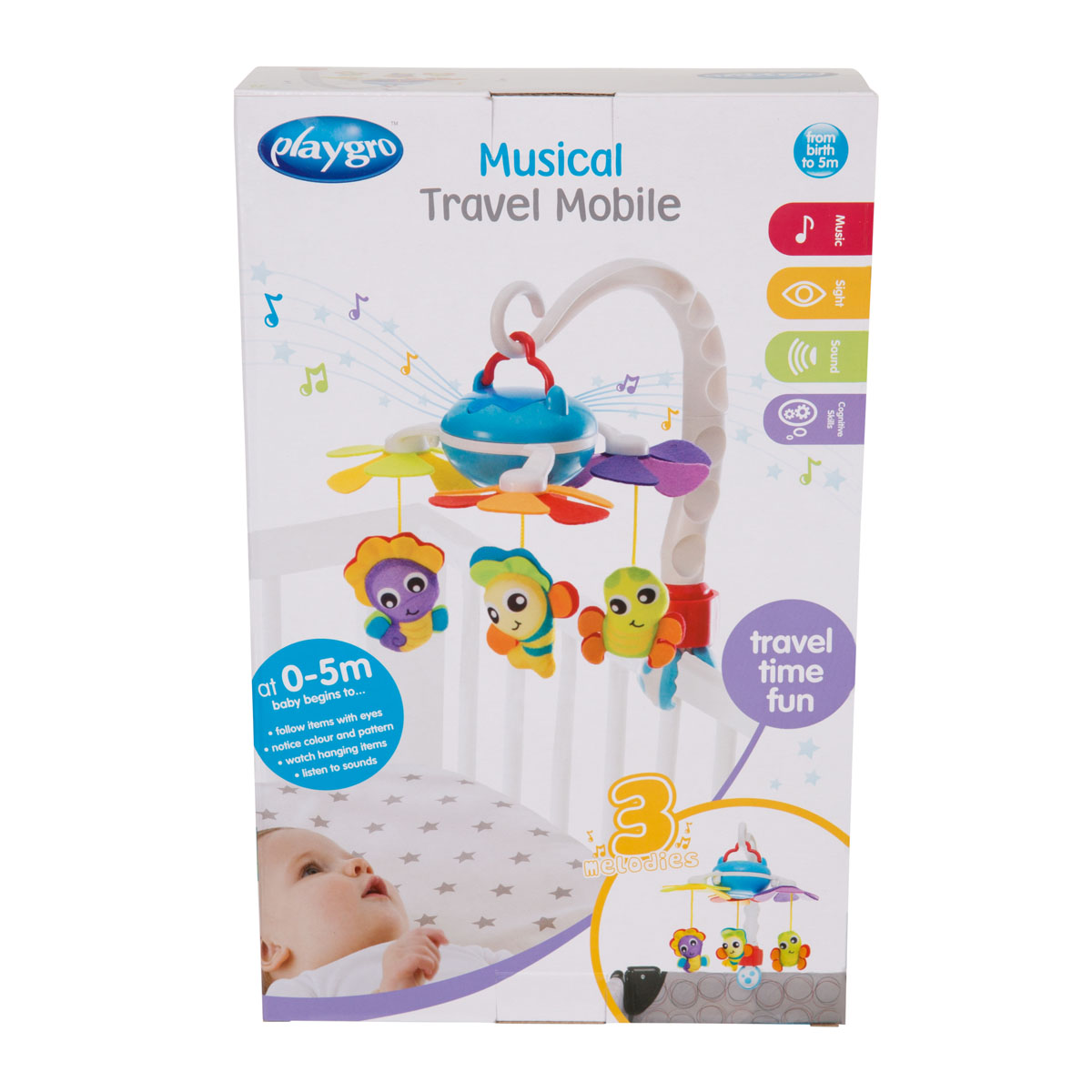 Đồ chơi treo nôi và xe đẩy phát nhạc Playgro Musical Travel Mobile, cho bé sơ sinh đến 5 tháng