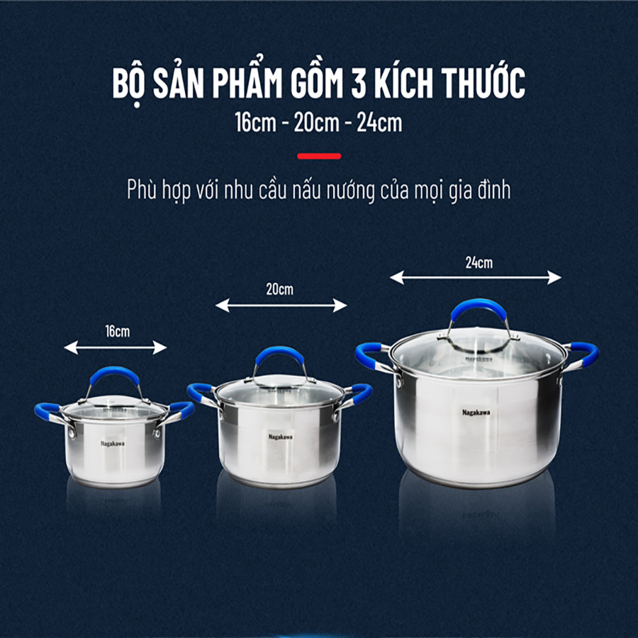 Bộ 3 Nồi Inox Cao Cấp 5 Đáy Quai Silicon Chống Bỏng Nagakawa NAG1302  Dùng Cho Mọi Loại Bếp - Hàng Chính Hãng