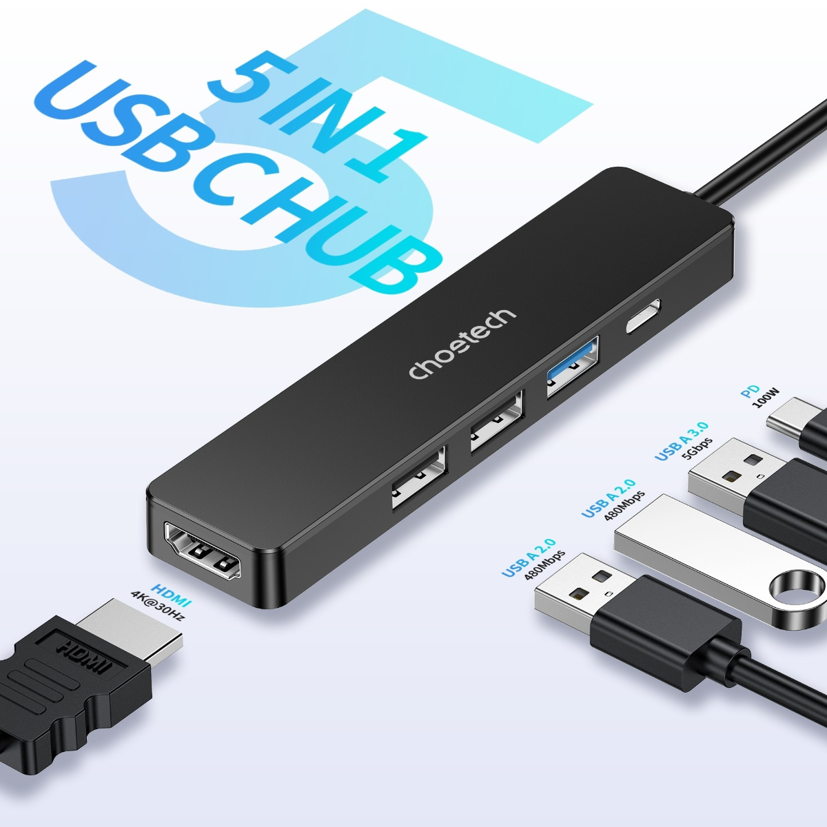 Hub chuyển đổi 5 in1 Choetech M80 (Type C to HDMI 4K30Hz + USBx 3 + PD100W) - Hàng chính hãng