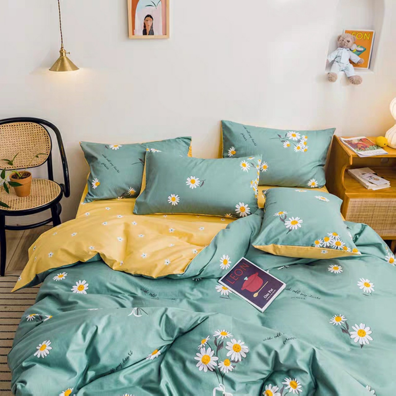 Bộ chăn ga gối cotton cao cấp PL 78 Hoa Cúc Xanh