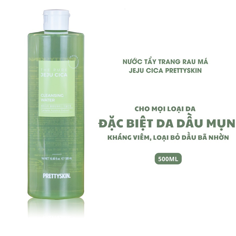 Nước Tẩy trang Rau Má Cho Da Dầu Mụn Pretty Skin The Pure Jeju Cica Cleansing Water 500ml