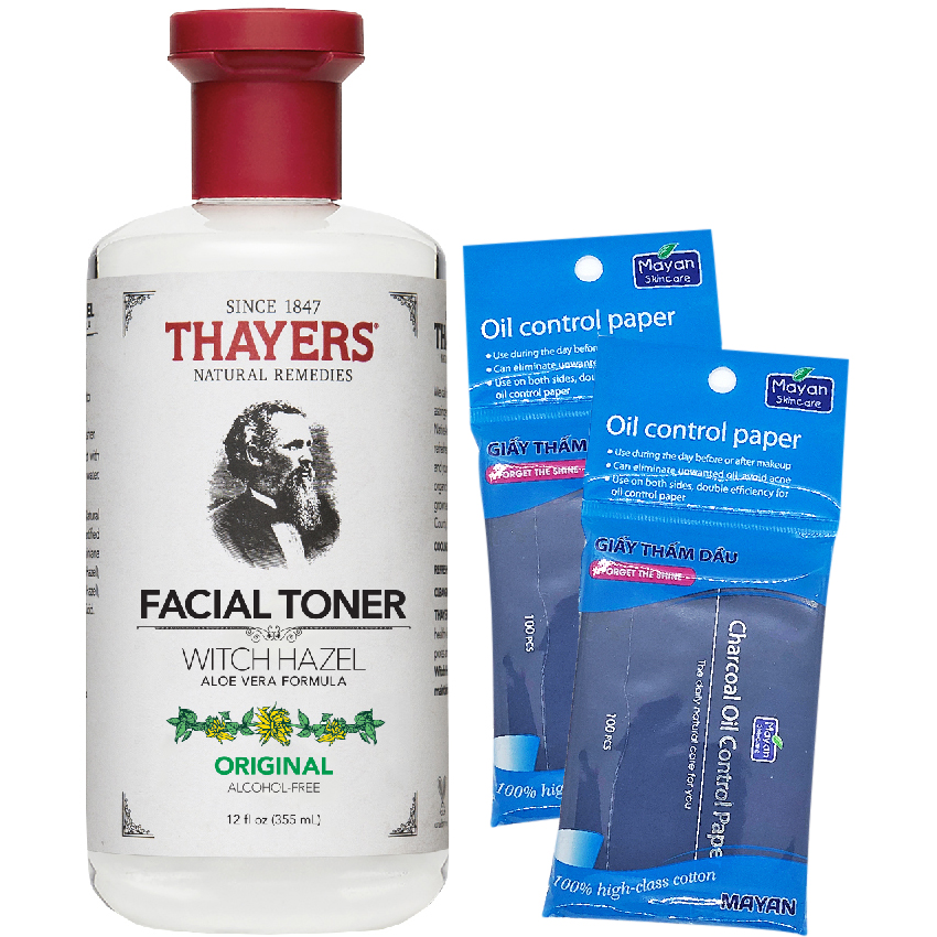 Nước Hoa Hồng Không Cồn Thayers - Phiên bản đầu tiên 355ml + 2 gói Giấy Thấm Dầu Than Hoạt Tính Mayan 100 Tờ/Gói