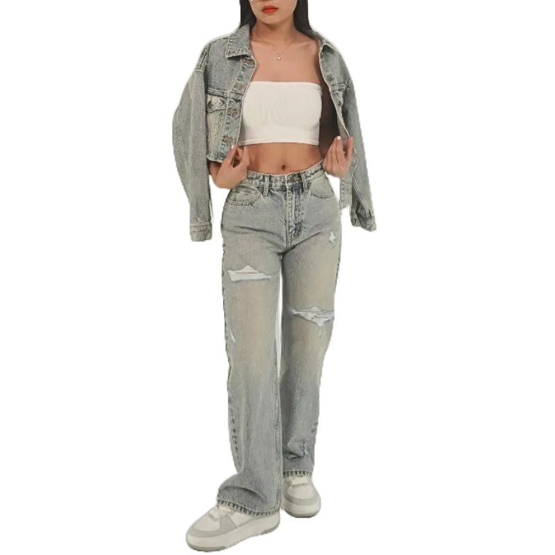 Áo khoác jean nữ đai kiểu A3,Quần ống rộng P13, phong cách thương hieu Samma Jeans
