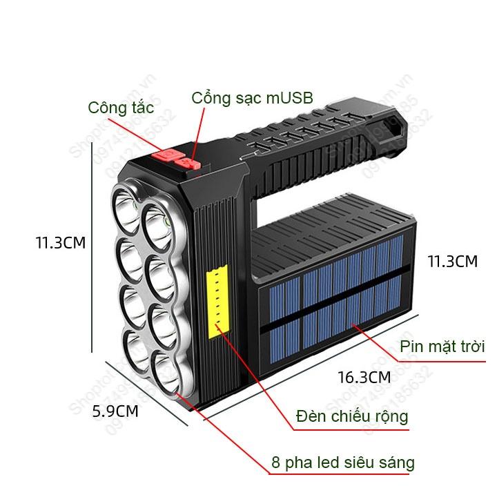 Đèn Pin LED cầm tay năng lượng mặt trời, với 8 pha siêu sáng, pin sạc gắn bên trong