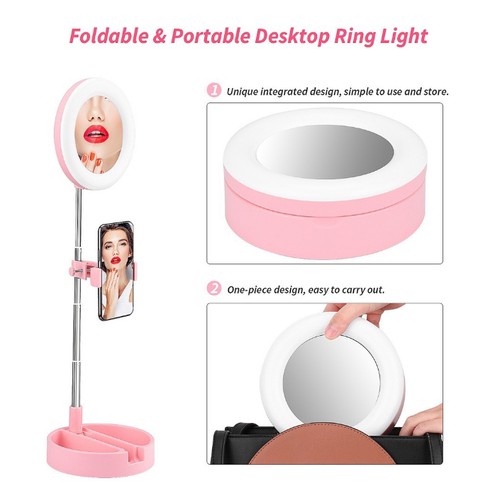 Gậy livestream gấp gọn cao 58cm kèm gương soi và đèn led chiếu sáng 3 mức độ ánh sáng tự nhiên, hỗ trợ chụp ảnh, quay video, live bán hàng