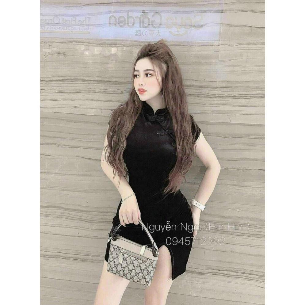 TCO- Đầm cổ tàu xẻ tà áo dài cách tân sườn xám nhung cao cấp dự tiệc du xuân Tết chụp hình