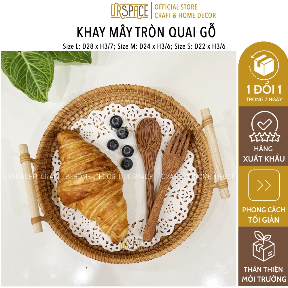 Khay mây tròn URSPACE đựng bánh kẹo, trái cây trang trí decor làm bánh có quai cầm bằng gỗ