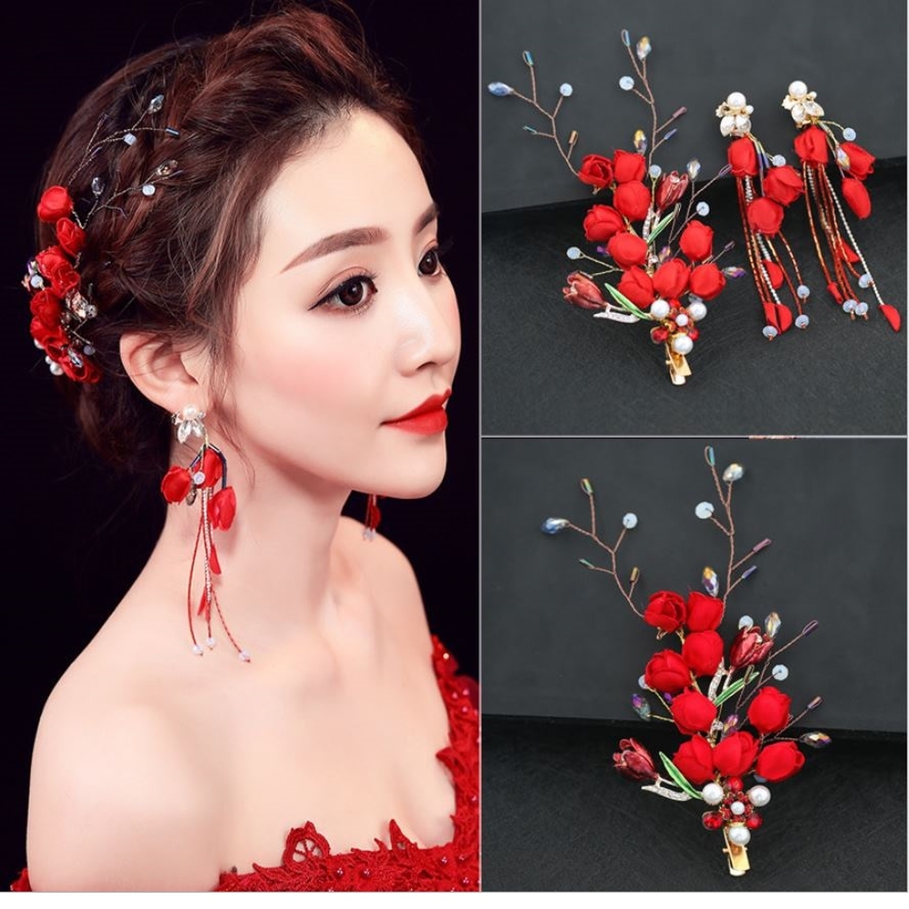 Set Hoa Cài Tóc Kèm Hoa Tai Đỏ 180 Số 5, Thiết Kế Ấn Tượng, Màu Sắc Nổi Bật, Tạo Điểm Nhấn Phong Cách Khi Làm Tóc, Dễ Kết Hợp Trang Phục Trong Sự Kiện Hoặc Đi Chụp Ảnh