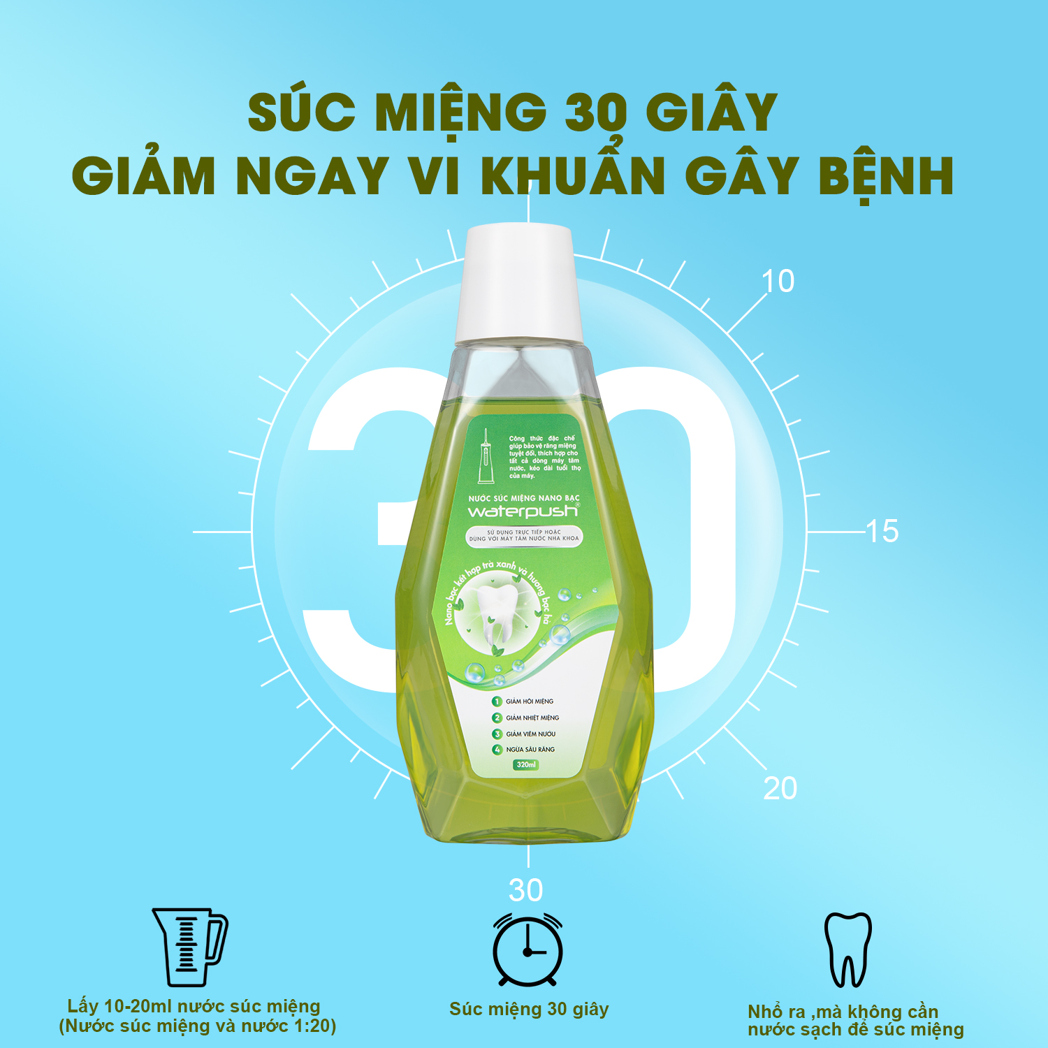 DÙNG CHO Máy Tăm Nước Nước súc miệng WaterPush Nano Bạc giúp trắng răng, giảm nhiệt miệng, hơi thở thơm mát - Chai 320ml