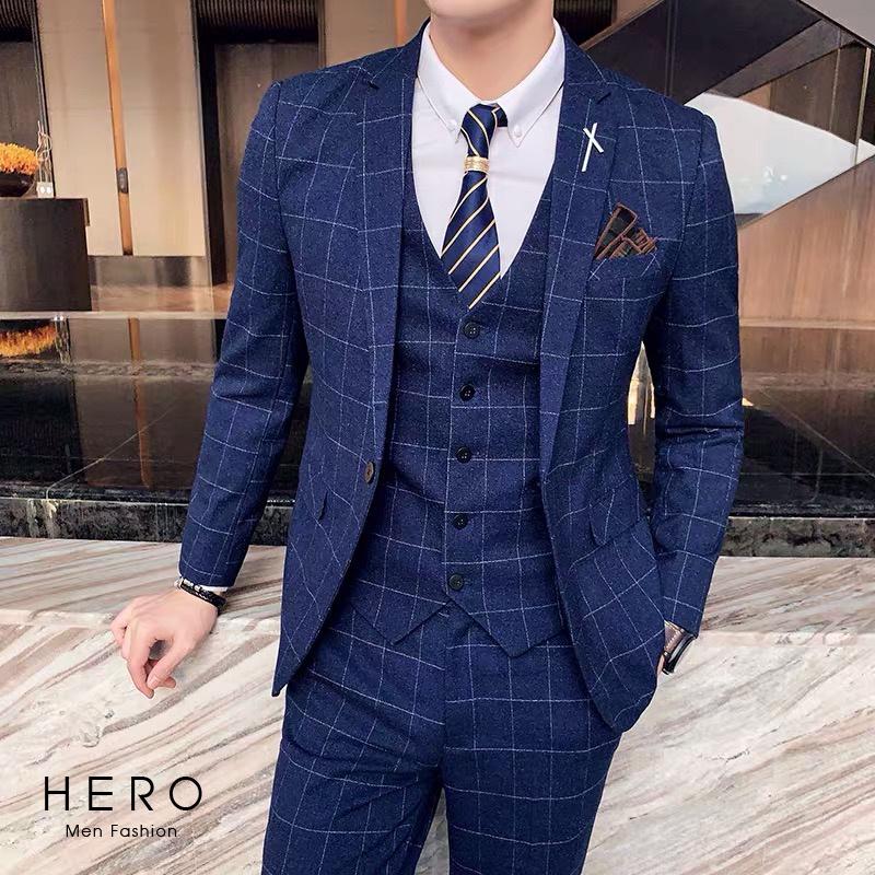 Bộ Vest Nam Cao Cấp Kẻ caro Màu Xanh Dương, Suit Nam Cao Cấp Hàn Quốc Vải Sịn