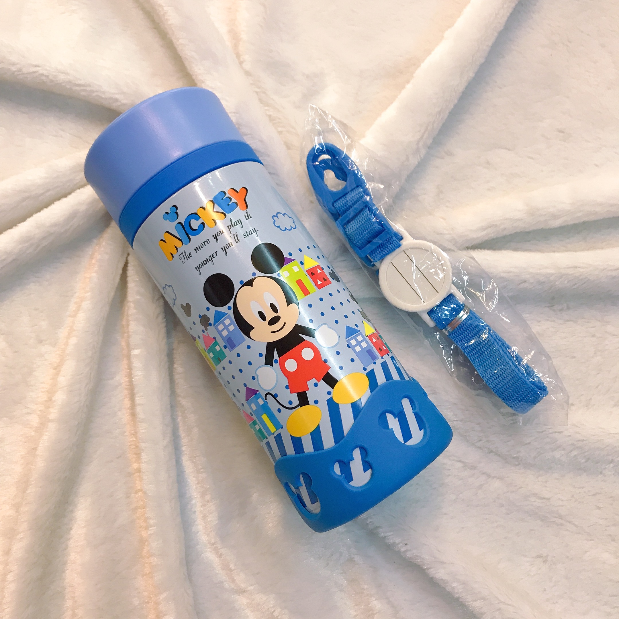 Bình nước giữ nhiệt 2 nắp hình chuột Mickey màu xanh viền silicon cho trẻ em, các bé, học sinh -  - WD-3430MK