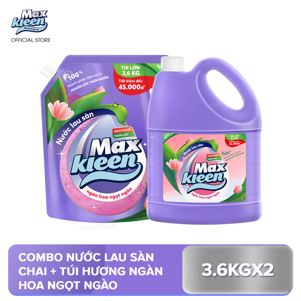 Combo Nước Lau Sàn 3,6kg Ngàn Hoa Ngọt Ngào - 1 Chai 3.6kg + 1 Túi 3.6kg