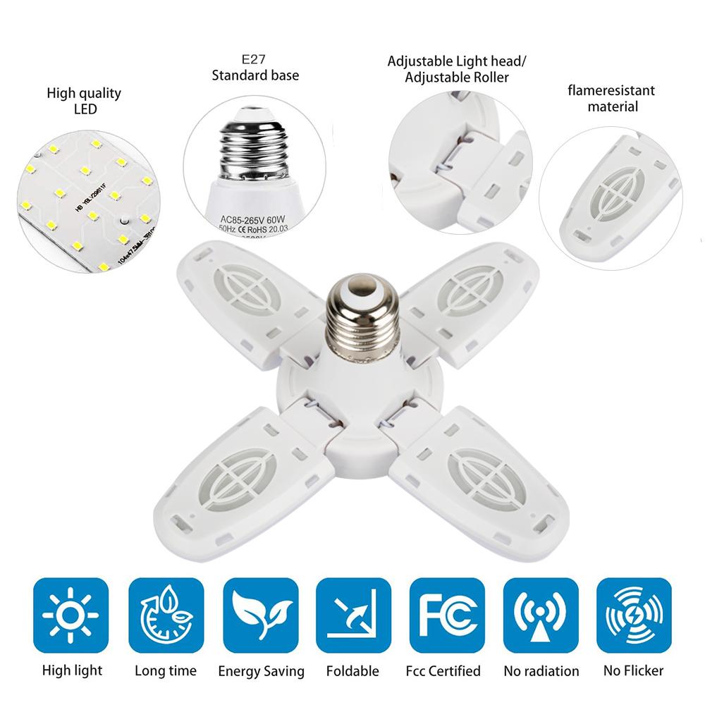 Đèn nhà để xe 38W 52 LED E27 Lưỡi quạt có thể gập lại Năng lượng Đèn nhà để xe Đèn LED bóng đèn công nghiệp Đèn trần nhà để xe