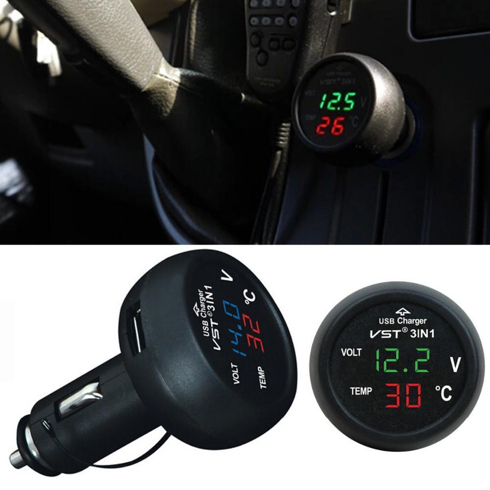 Tẩu sạc ô tô 3in1 kèm đồng hồ báo nhiệt độ- báo vôn ắc quy mẫu mới đa năng loại tốt