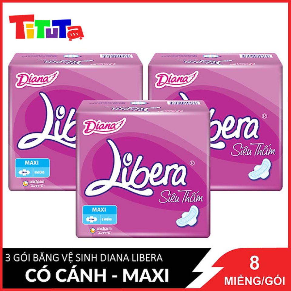 Combo 3 Băng Vệ Sinh Diana Libera Siêu Thấm Maxi Cánh 23cm 8 Miếng / Gói x3