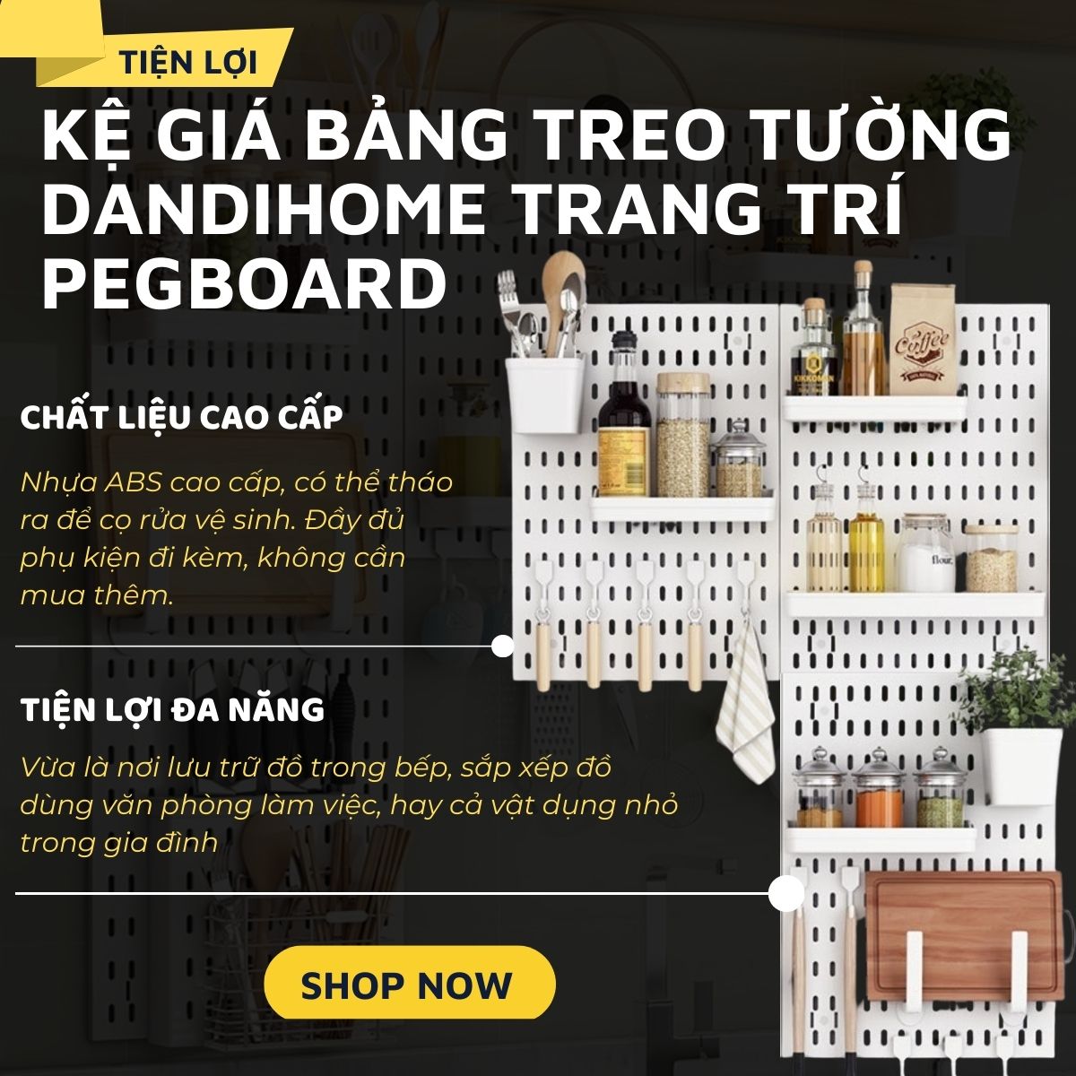 Kệ giá bảng treo tường DandiHome trang trí pegboard để đồ decor bàn học, phòng bếp, nhà tắm, đã kèm đầy đủ phụ kiện, dán tường không cần khoan đục