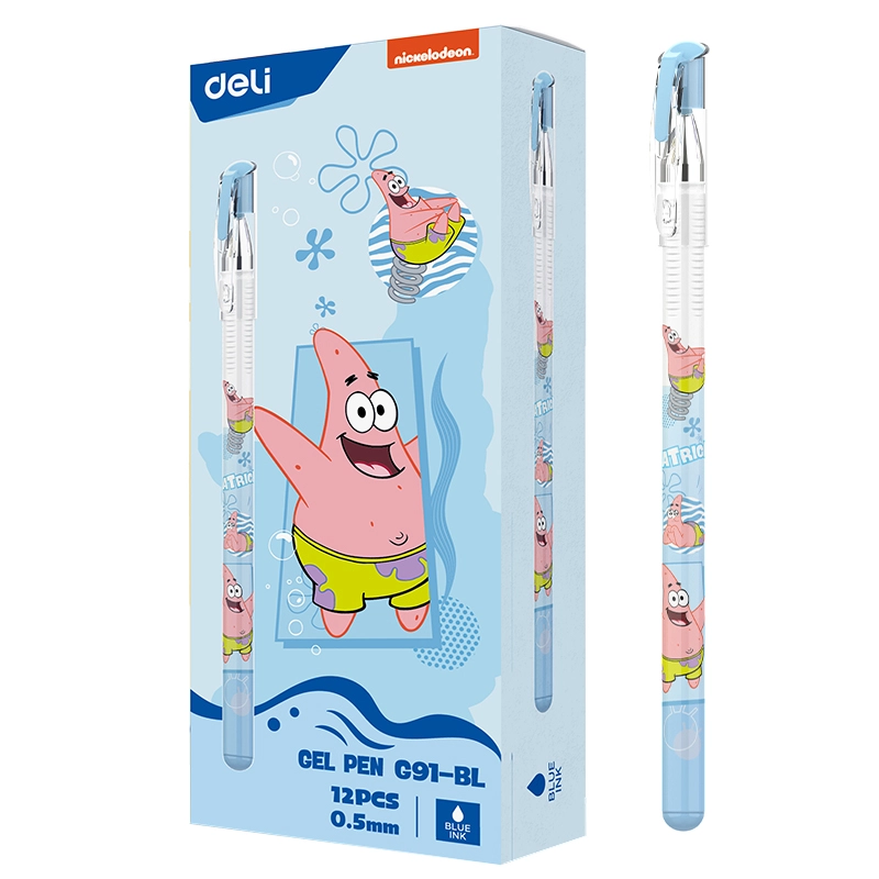 Combo 5 Bút gel Deli EG91-BL ngòi 0.5mm - Mực xanh, Mực nhanh khô nét đều, thân bút in họa tiết đáng yêu