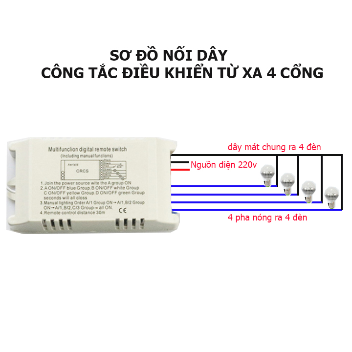 Công tắc điều khiển từ xa 4 cổng (4 kênh ,4 đèn) xuyên tường không dây