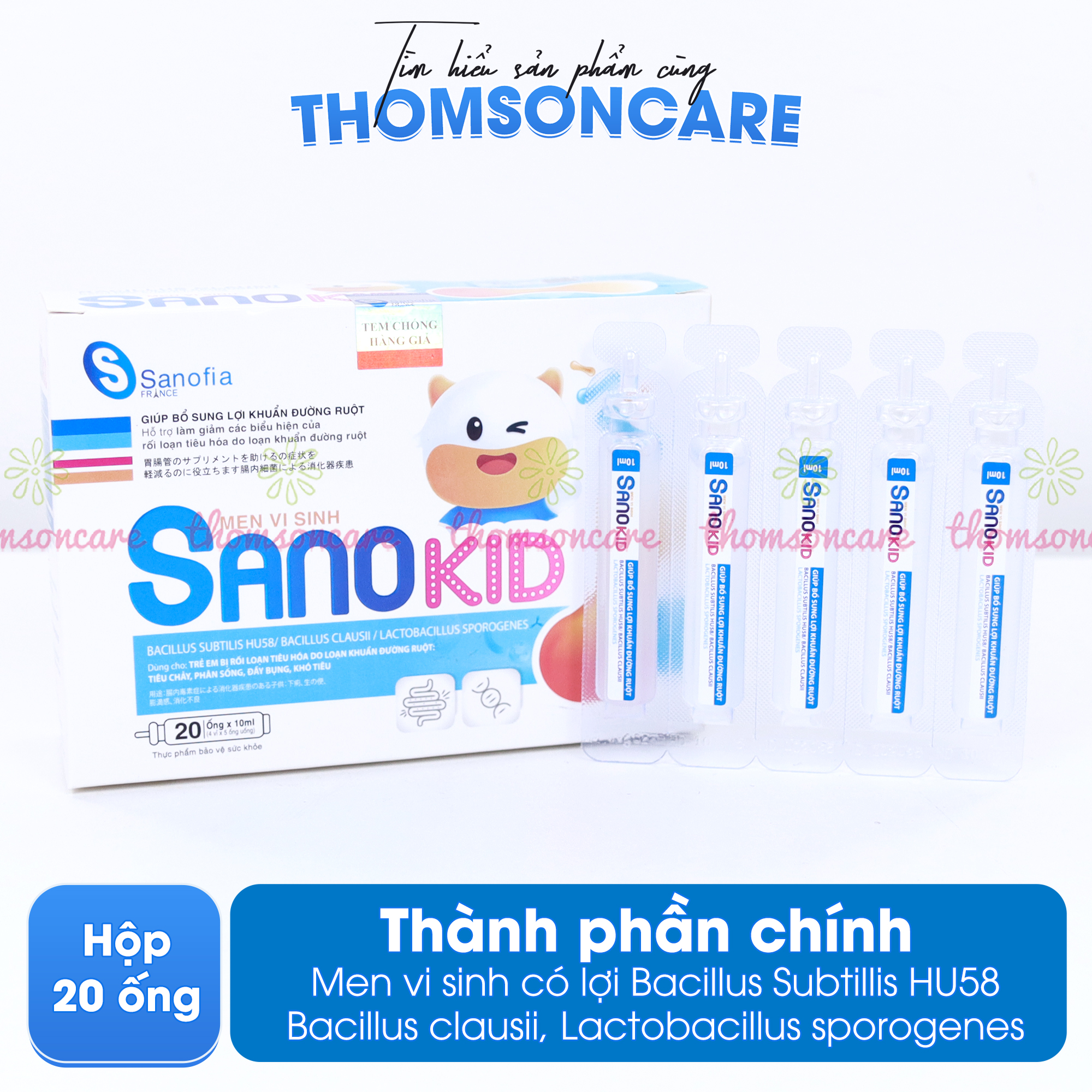 Men vi sinh Sanokid - Bổ sung lợi khuẩn đường ruột, ngăn ngừa tình trạng tiêu chảy, phân sống - Hộp 20 ống x 10ml Thomsoncare
