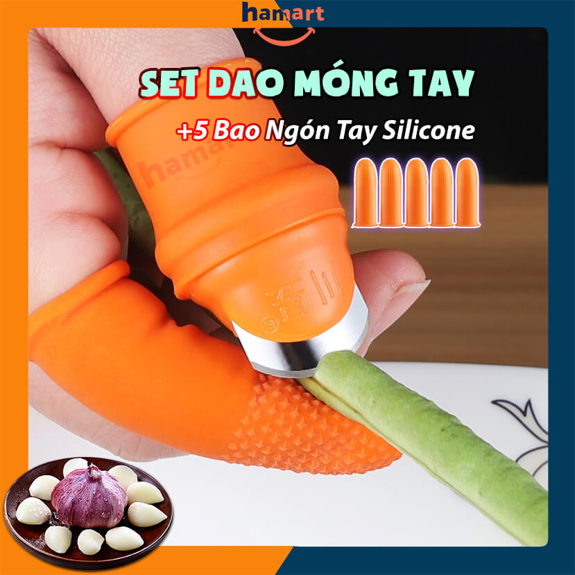 SET Dao Móng Tay Hái Rau Bào Vỏ Kèm 5 Bao Silicon Bảo Vệ Ngón Tay Hamart Nhặt Rau Ngắt Bấm Củ Quả