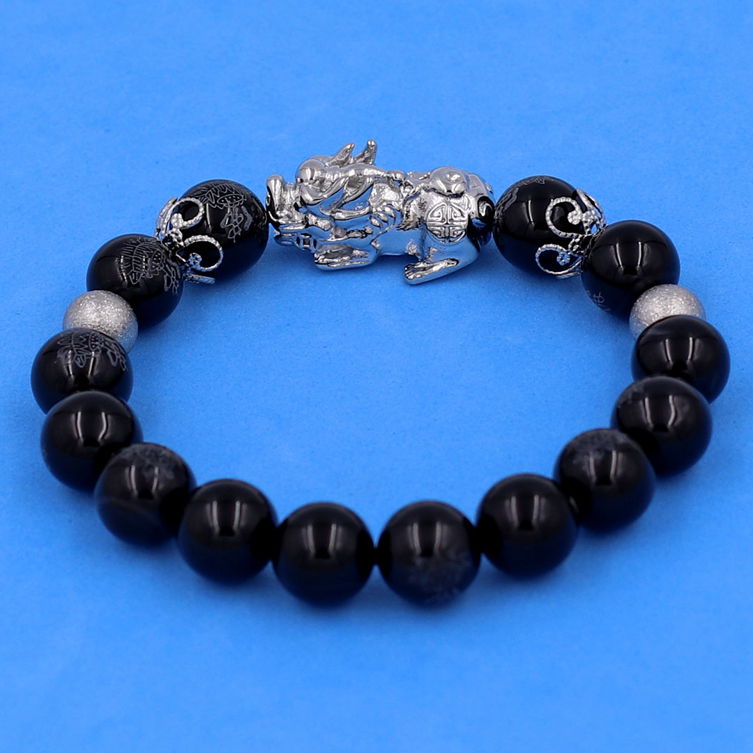 Vòng chuỗi đeo tay đá thạch anh đen in chữ Phật và hoa sen 10 ly charm tỳ hưu inox, bi inox, khía bông inox, vòng tay phong thuỷ, vòng tay tỳ hưu