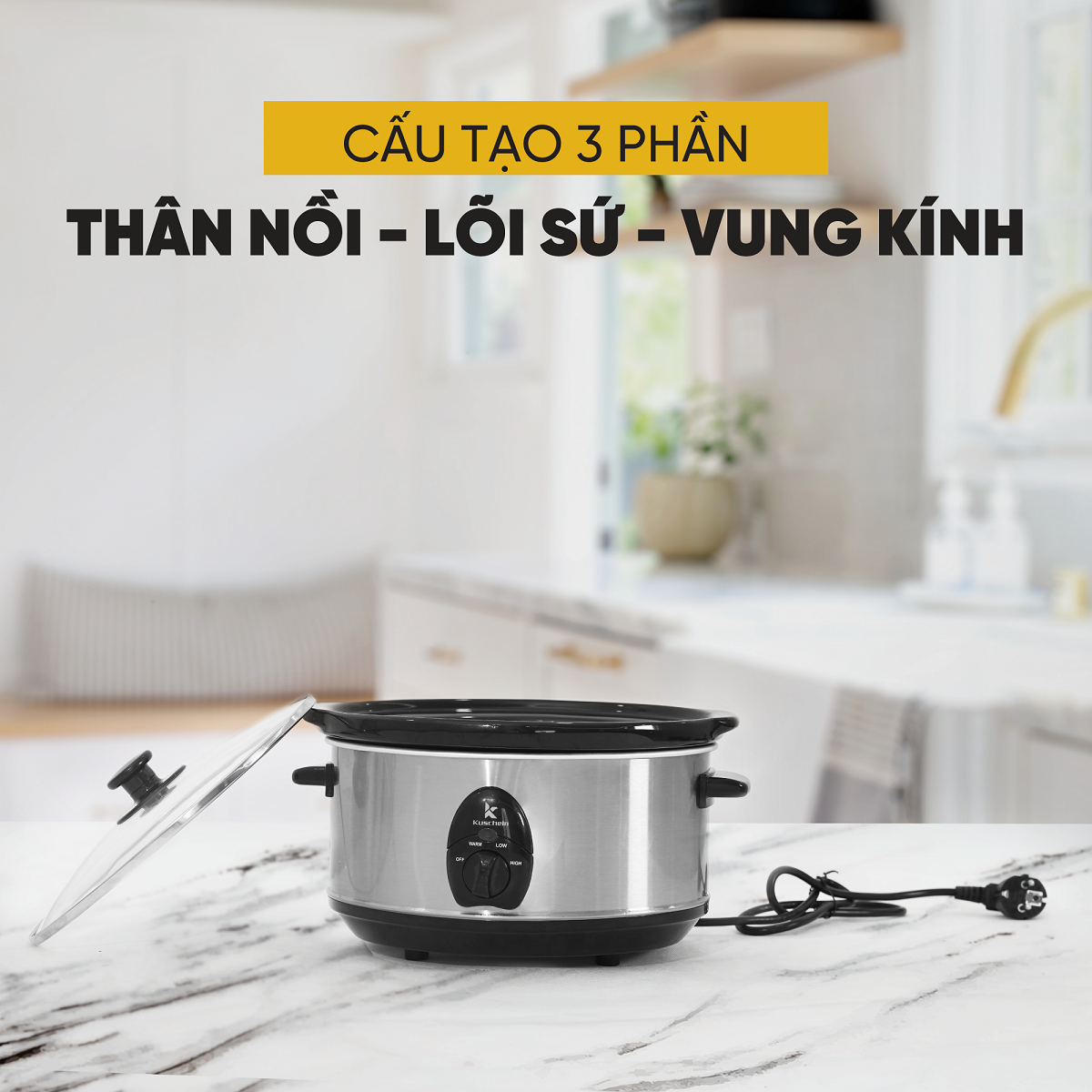 Nồi nấu chậm kiểu Đức nồi kho cá KUSCHELN KSC023-3.5 Cao Cấp 3.5 lít niêu sứ hình ovan, công tắc tự ngắt, chống cạn nước - Hàng Chính Hãng