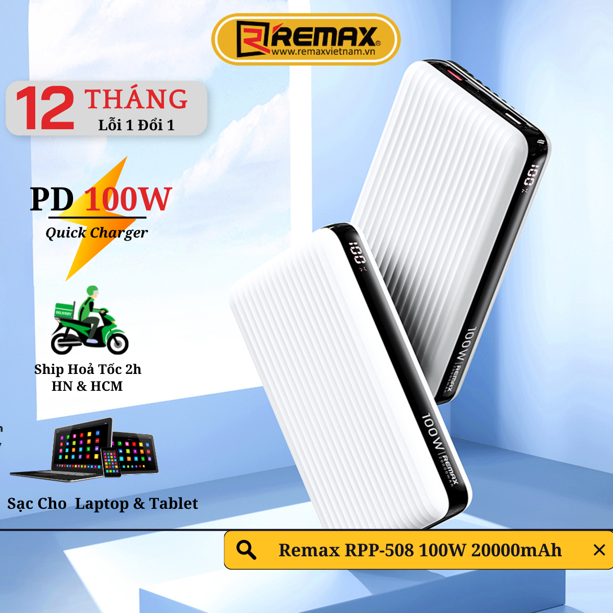 Pin sạc dự phòng 20000mAh PD100W Remax RPP-508 Sạc cho Laptop và Tablet - Hàng Chính Hãng Remax Bảo Hành 1 Đổi 1 Trong 12 Tháng