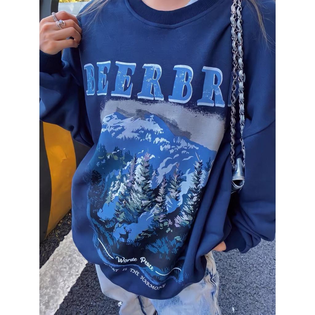 Áo Sweater Nỉ Ngoại Unisex Nam Nữ BEERBRO Màu Xanh In Hình Đồi Núi