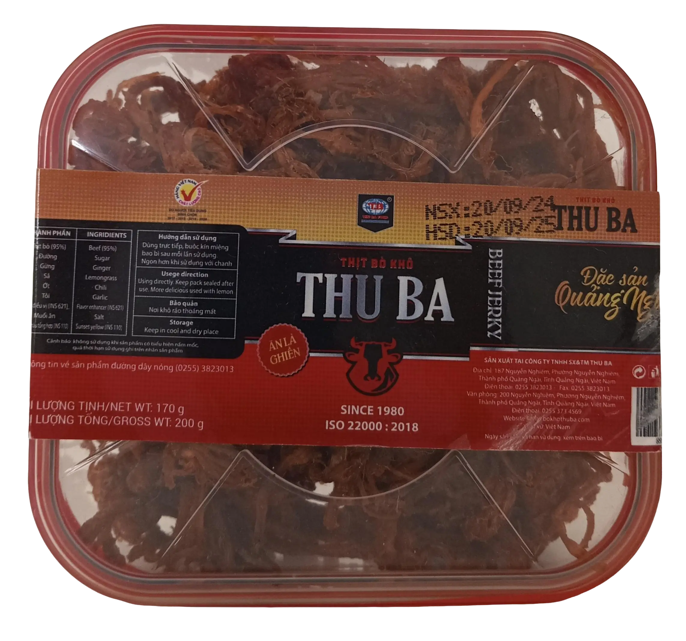 Khô Bò Thu Ba Quảng Ngãi 200 gram hộp quà Tết vuông loại sợi