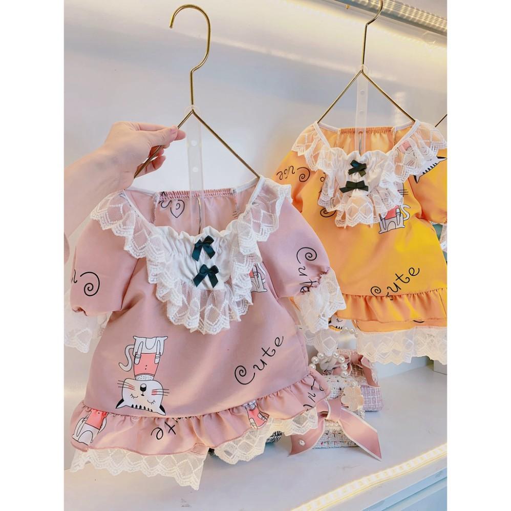 Bộ Ngủ Pijama Cộc Tay Bé Gái Chất Kate Hàn Phối Viền Ren - Babi mama