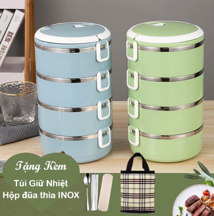 Hộp Cơm Giữ Nhiệt 4 Tầng Lõi INOX 2.8L Kèm Túi Giữ Nhiệt Và Bộ Muỗng Đũa Inox - An Toàn Cho Sức Khỏe – Hàng Chính Hãng VinBuy