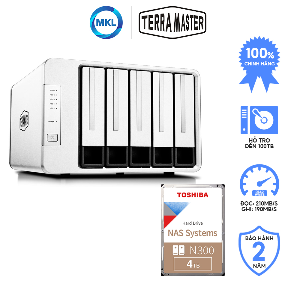 Combo thiết bị lưu trữ Das Terra Master D5-300 5 khay + ổ cứng HDD Nas Toshiba N300 4TB Dùng Lưu Trữ Video, Hình Ảnh - hàng chính hãng