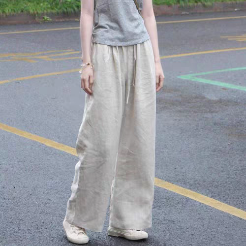 Quần dài suông linen thô cao cấp đũng ngắn lưng thun (Be Sáng)